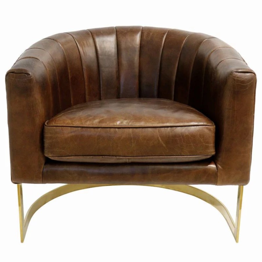Chairs * | Pasargad Home Vicenza Barrel Leather Chair, Brown