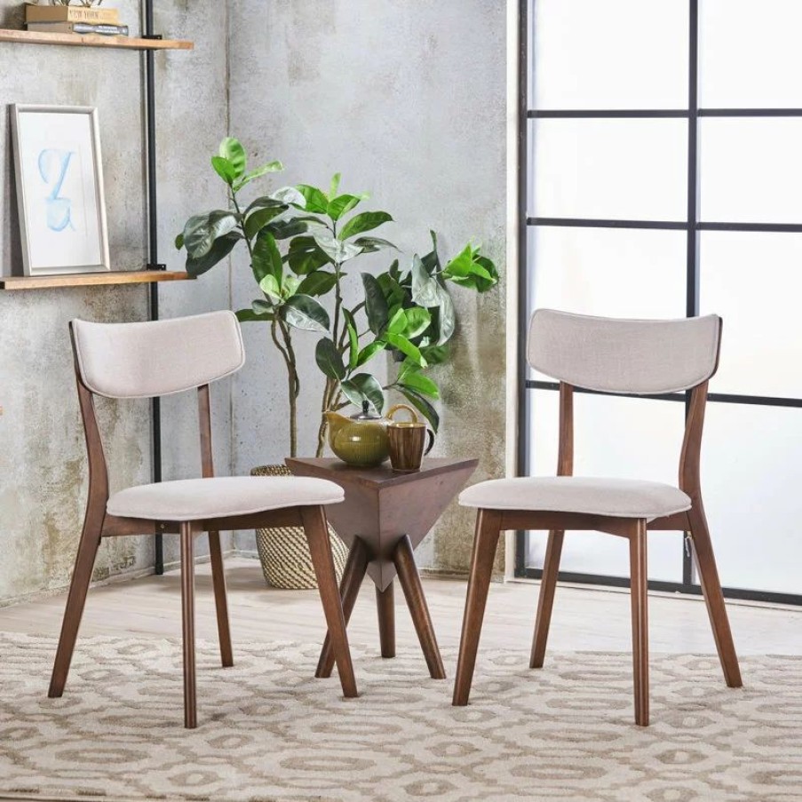 Chairs * | Gdfstudio Gdf Studio Caleb Mid-Century Walnut Finished Frame Dining Chairs, Set Of 2, Light Beige
