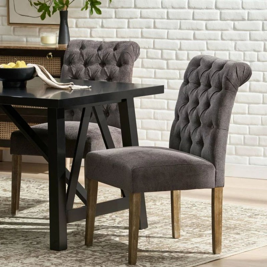 Chairs * | Gdfstudio Gdf Studio Elmerson Roll Back Dining Chairs, Set Of 2, Dark Gray, Fabric