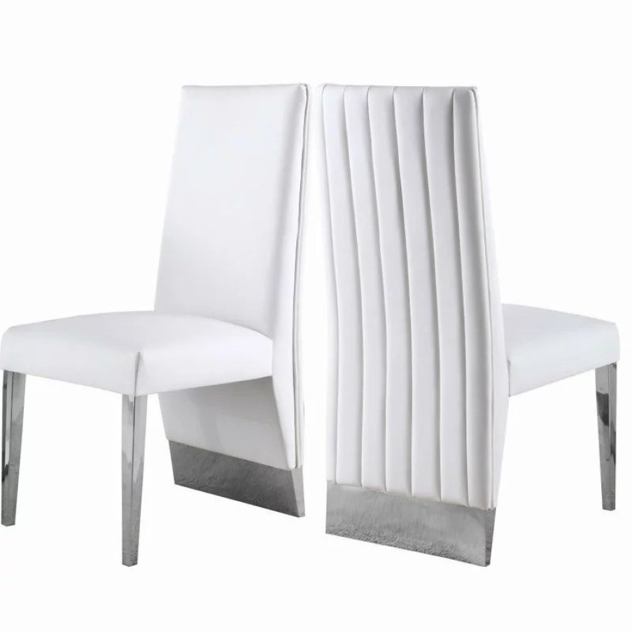 Chairs * | Meridian Furniture Porsha Dining Chair, Set Of 2, White Faux Leather, Chrome Legs