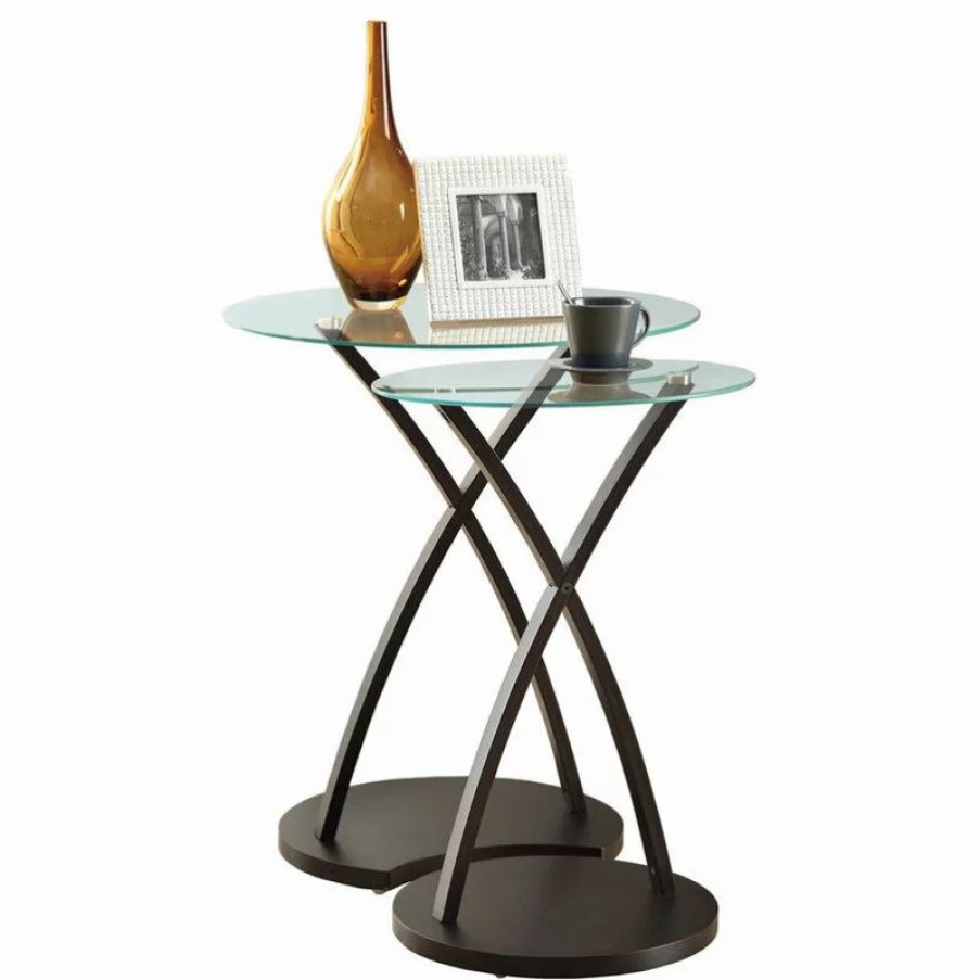 Coffee & Accent Tables * | Monarch Modern Wood Set Of 2 Nesting Table With Brown And Clear Finish I 3013